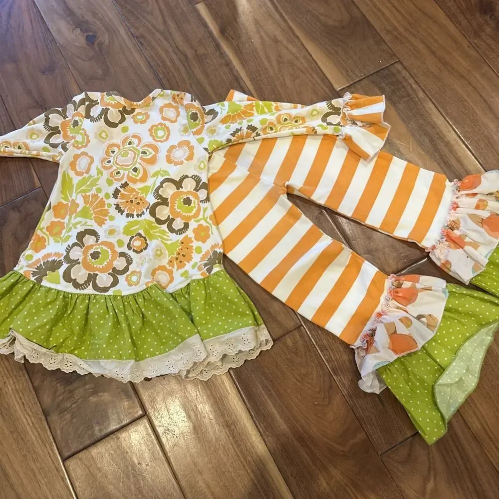 Giggle Moon Girls Long Sleeve Dress Pants Set 4t Ruffles Long Sleeve Orange Fall